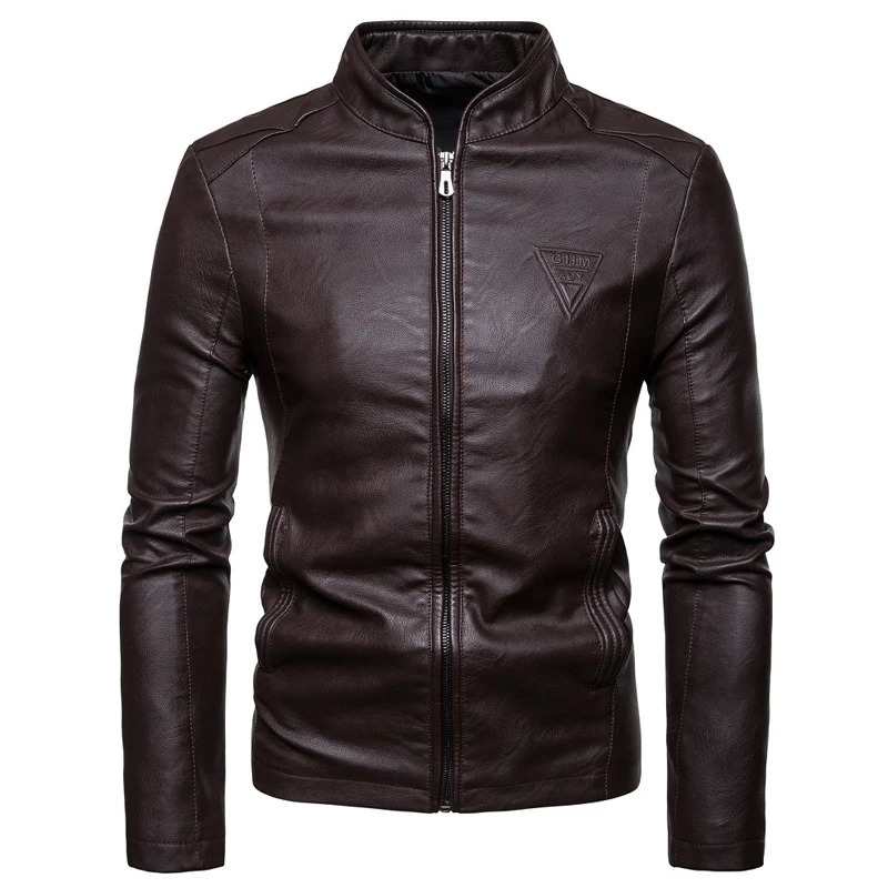 Autumn Winter Solid Color Fashion Long Sleeve Faux Leather Man High Street Round Neck Zipper Pockets All-match Coat 241011