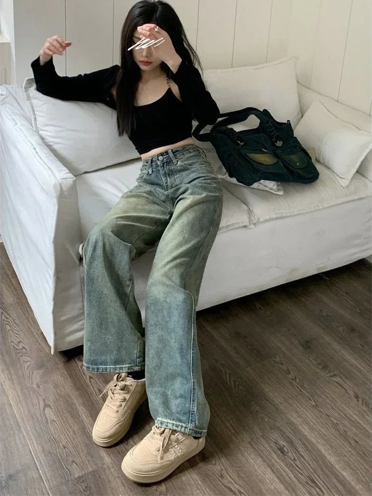 Deeptown Y2k Baggy Wide Leg Jean Vintage Streetwear Washed Denim Pants Grunge Basic Slouchy Blue Trousers Femme Autumn 241007