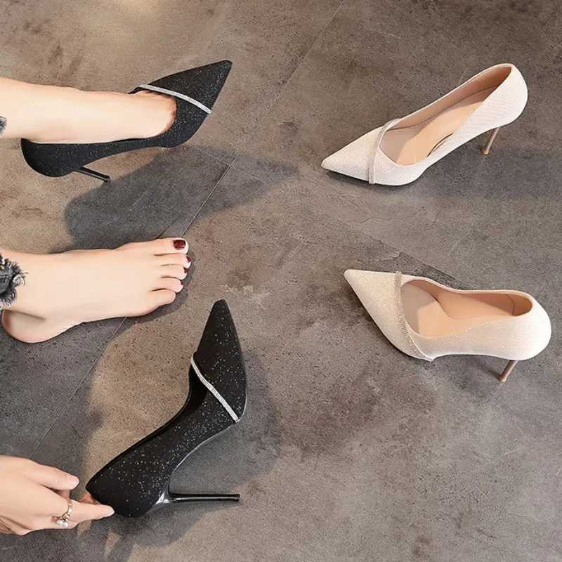 New Women Mid Heeled Sequin High-heeled Shoes Black Square Buckle Fashion High Heeled Shoes Woman Shoes Tacones Mujer PupmsLX241014