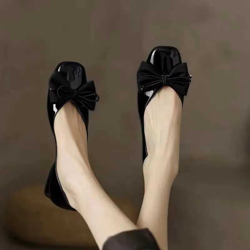 Black Kawaii Ladies Summer Footwear Square Toe Cute Low Heel Elegant with Bow Shoes for Women 2024 Red Y2k on Offer Chic PointLX241014