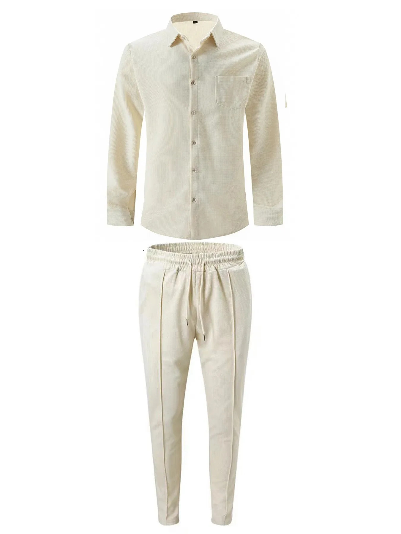 Mens summer casual long sleeved button up shirt waffle two sets of daily pants 240930