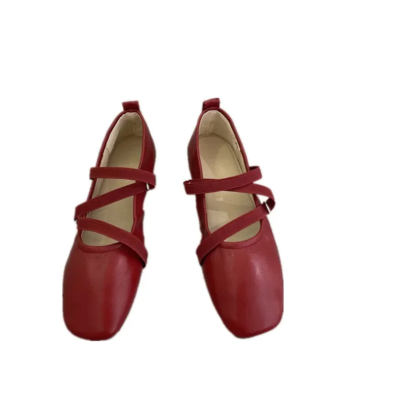 Ballet Flat Women Comfy Leather Woman Square Toe Thin Strap Mary Janes Ladies Retro New Casual Shoes 241014