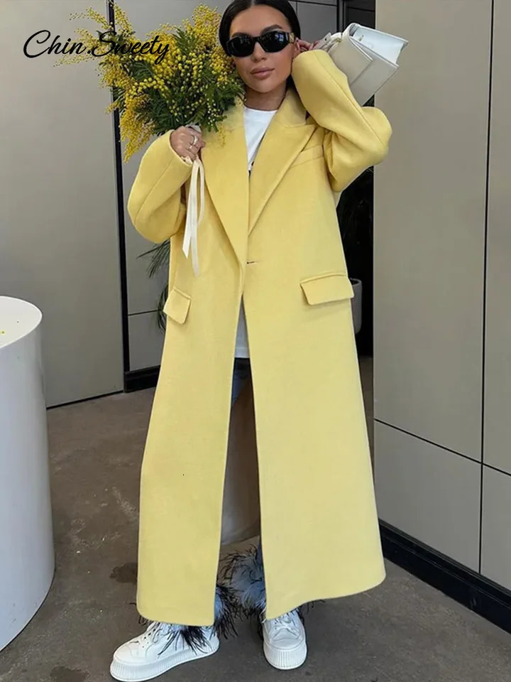 Fashion wool long coat womens autumn full sleeve button pocket split yellow coat elegant oversized coat 241007