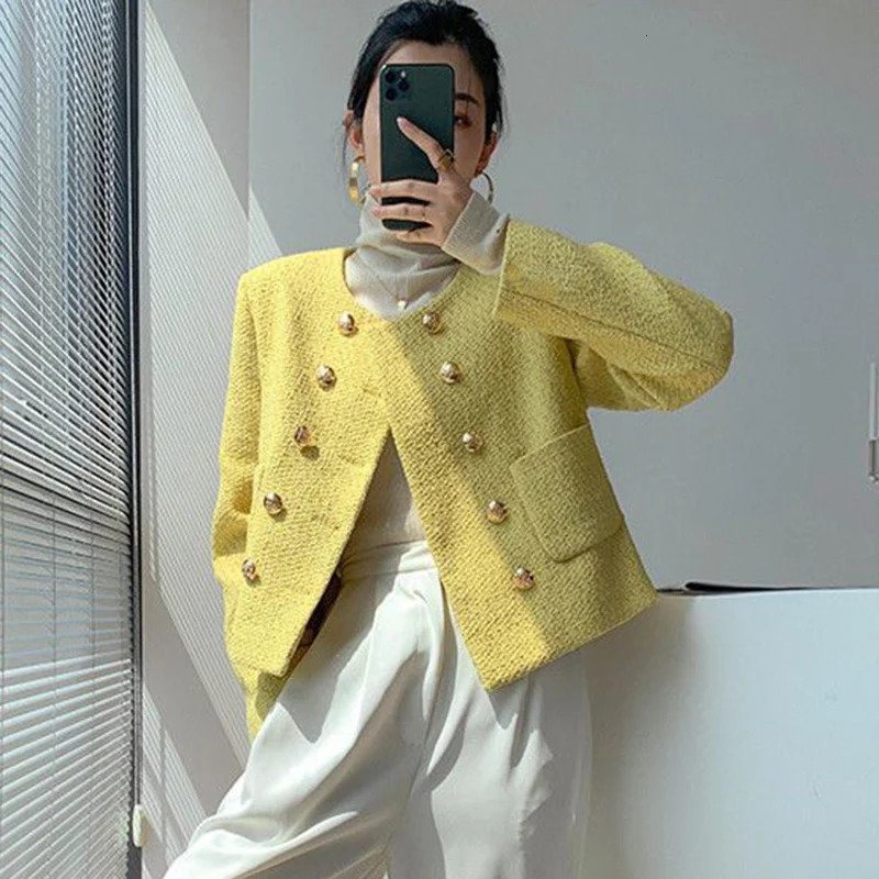 Rimboy Womens Double Chest Coarse Hemp Jacket Round Neck Elegant Cutting Jacket Womens Fashion Long Sleeve Solid Jacket 240930