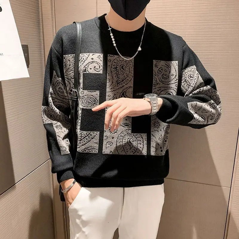 Mens letter knitted sweater mens style floral black round neck graphic collar fashionable Korean warm Y2k retro X 241007