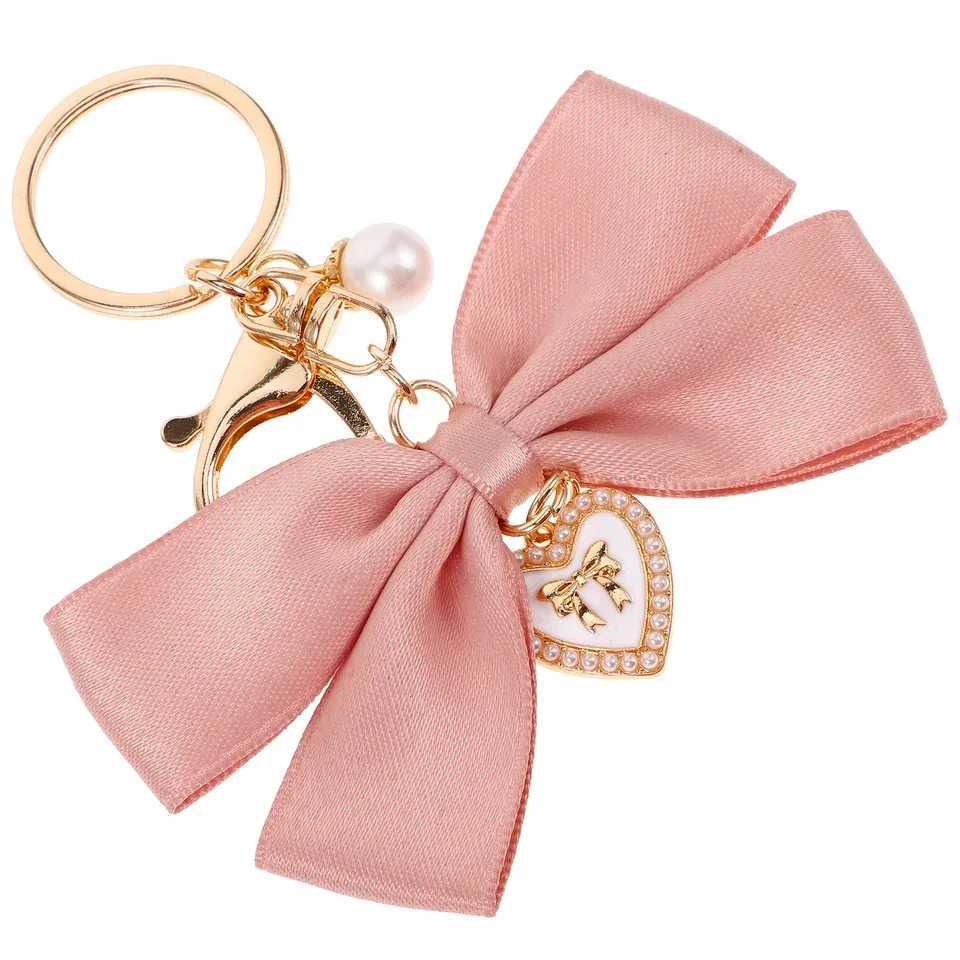 Sweet ribbon bow heart-shaped charm keychain bow with metal tag pendant key bag decoration car tricycle accessories gifts Y241014