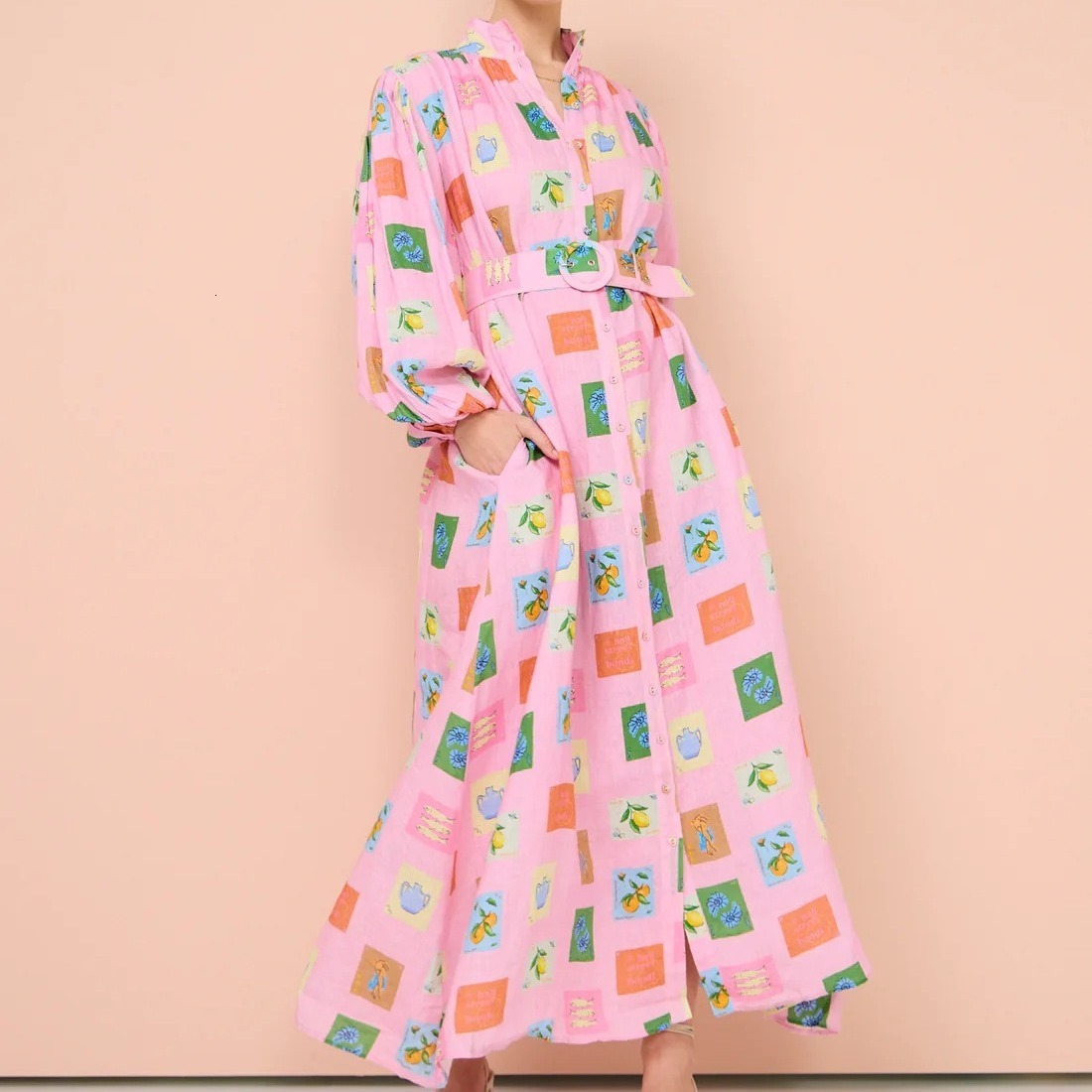 Floral Printed Long Dresses For Womens Spring Fall Long Sleeve Dress New Cardigan Linen Lace Up Skirt