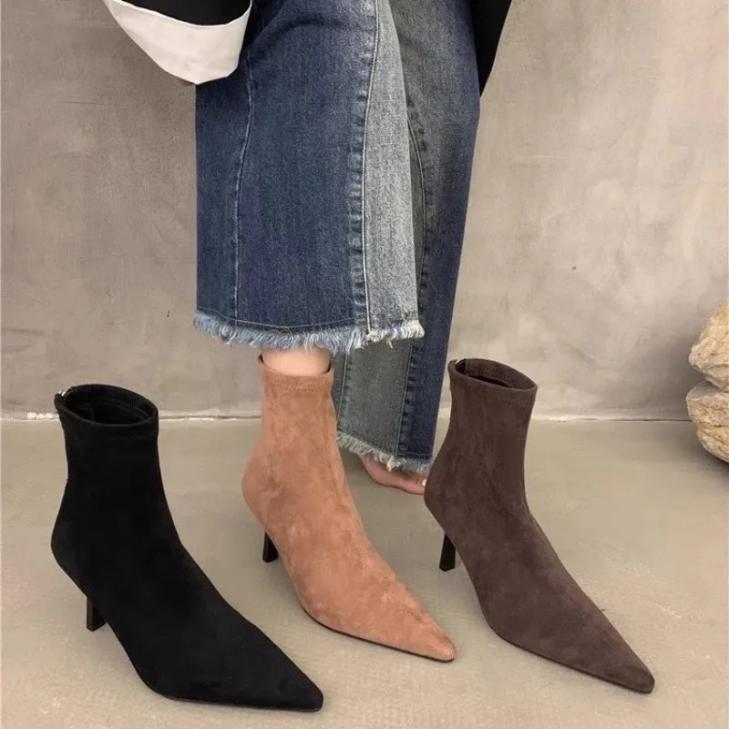 2024 Women Beige Black Sock Boots Stiletto Thin High Heels Elastic knitting Boots Winter Stretch Fabric Boots Plus Size 241010