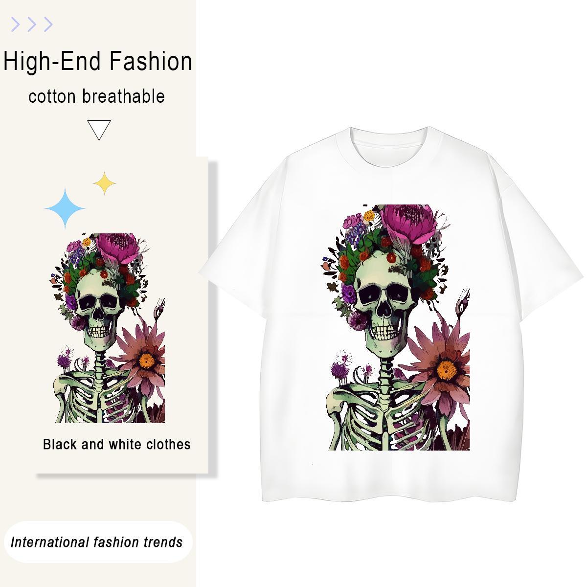 Casual New T-Shirts 230g Pure Cotton Breathable Short Sleeve Sports Casual skull Woman Tshirt Loose Customized Tshirts