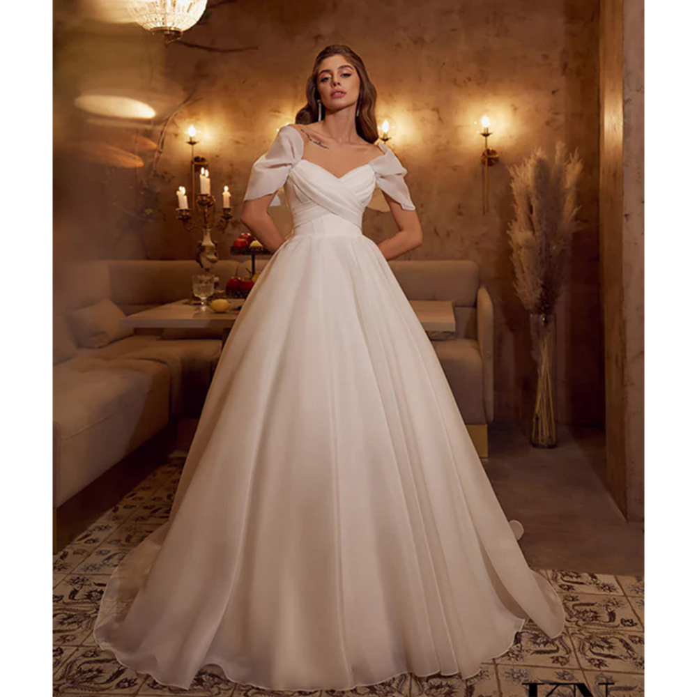 Princess Off the Shoulder Wedding Dresses for Brides Pleat Open Back Simple Bridal Gowns Sweep Train Beach vestidos de novia