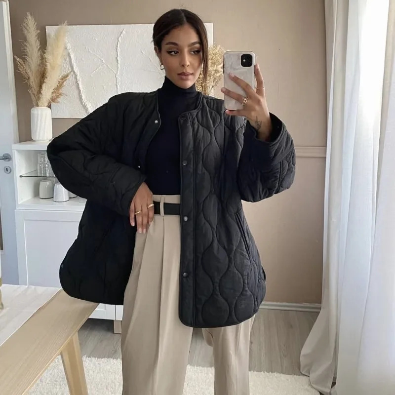 Autumn Winter Women Quilted Jacket Warm Cotton Coat Long Sleeve Parkas Button Windbreaker Jacket Solid O-neck Womens Clothing 241031