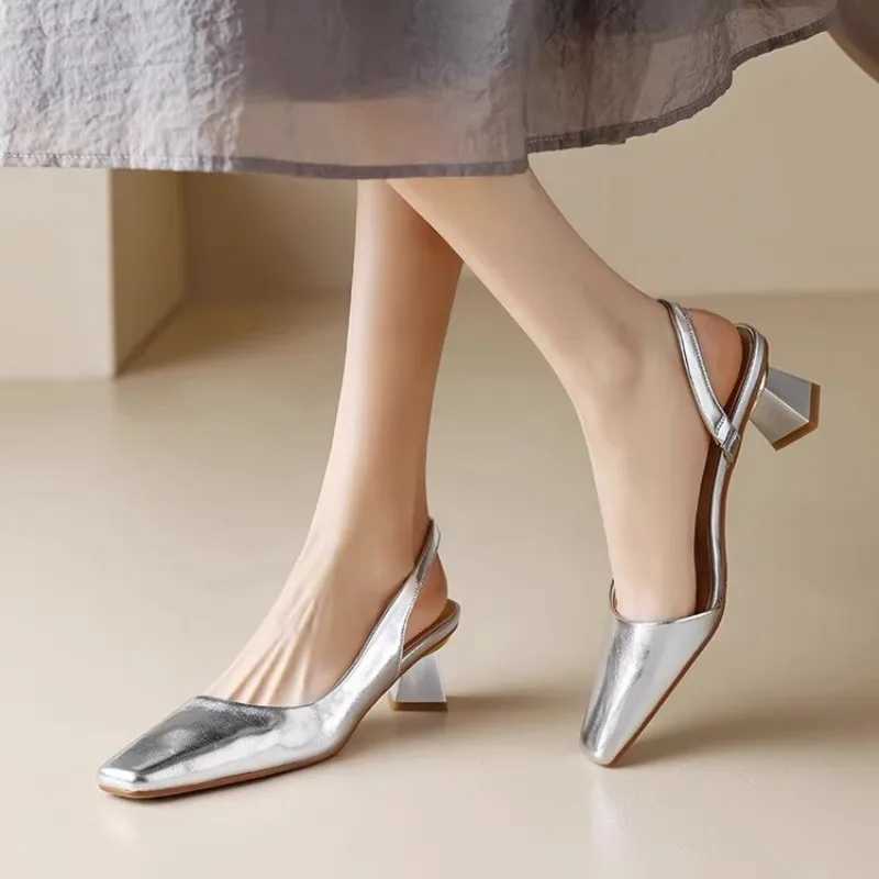 2024 Women Sandals Leather Square Toe Med Heel Summer Slingbacks Pumps Shoes Woman Party Wedding Size 35-41LX241014