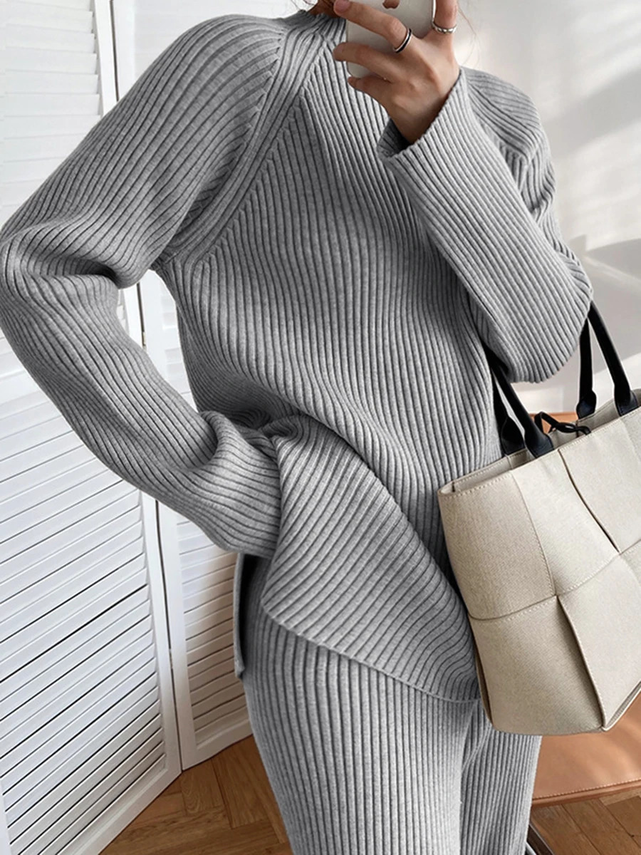 LW Plus size ribbed knitted side split pants set wide leg pants set drag sweater set long pants set 240930
