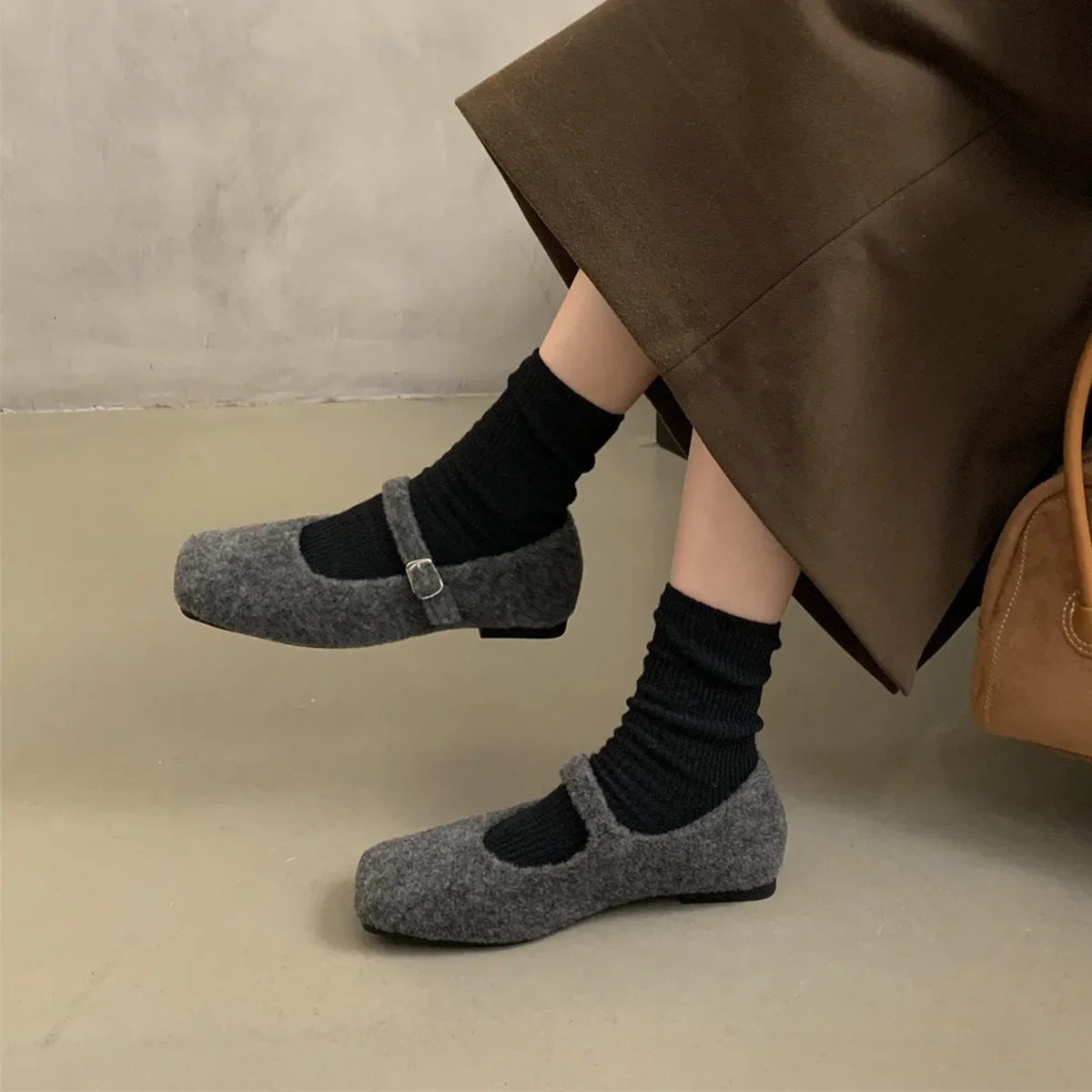 Fashion Square Toe Fleece Flet Ballet Flats New Woman Winter Warm Wool Mary Jane Shoes Ladies Elegant Plush Loafers 241014