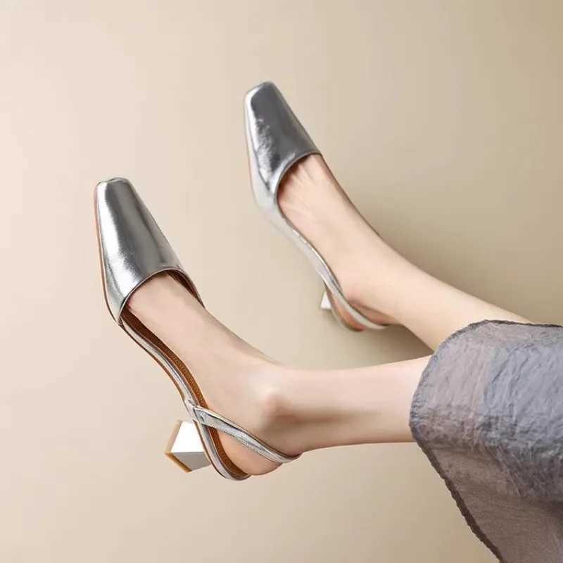 2024 Women Sandals Leather Square Toe Med Heel Summer Slingbacks Pumps Shoes Woman Party Wedding Size 35-41LX241014