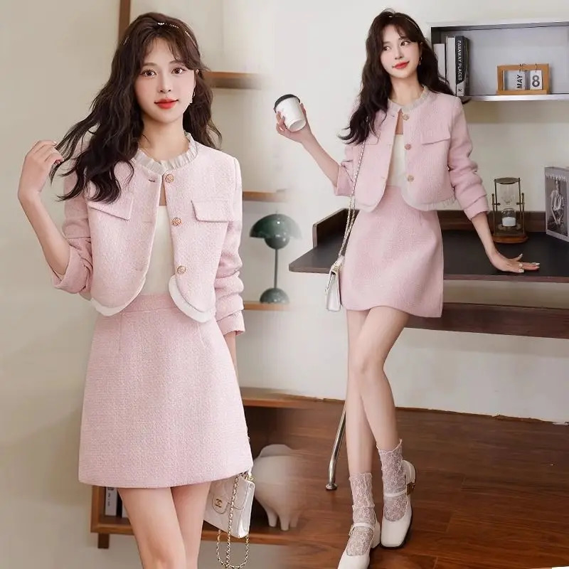 Womens perfume short thick tweed jacket skirt suit antique sweet wood ear splicing suit two-piece set 241014