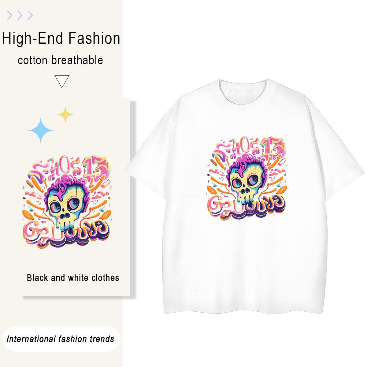 Casual New T Shirts Women 230g Cotton O Neck Short Sleeves Casual Daily Wear skull Lady T shirt Popular DIY Anime Printed Top Shirts