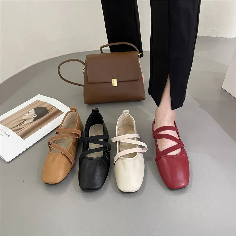 Ballet Flat Women Comfy Leather Woman Square Toe Thin Strap Mary Janes Ladies Retro New Casual Shoes 241014