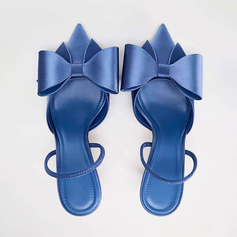 TRAF French Blue Bow High Heels For Woman Retro Point Head Stilettos Sgbac Women Satin Fabric Thin Heeled Sandals Shoes