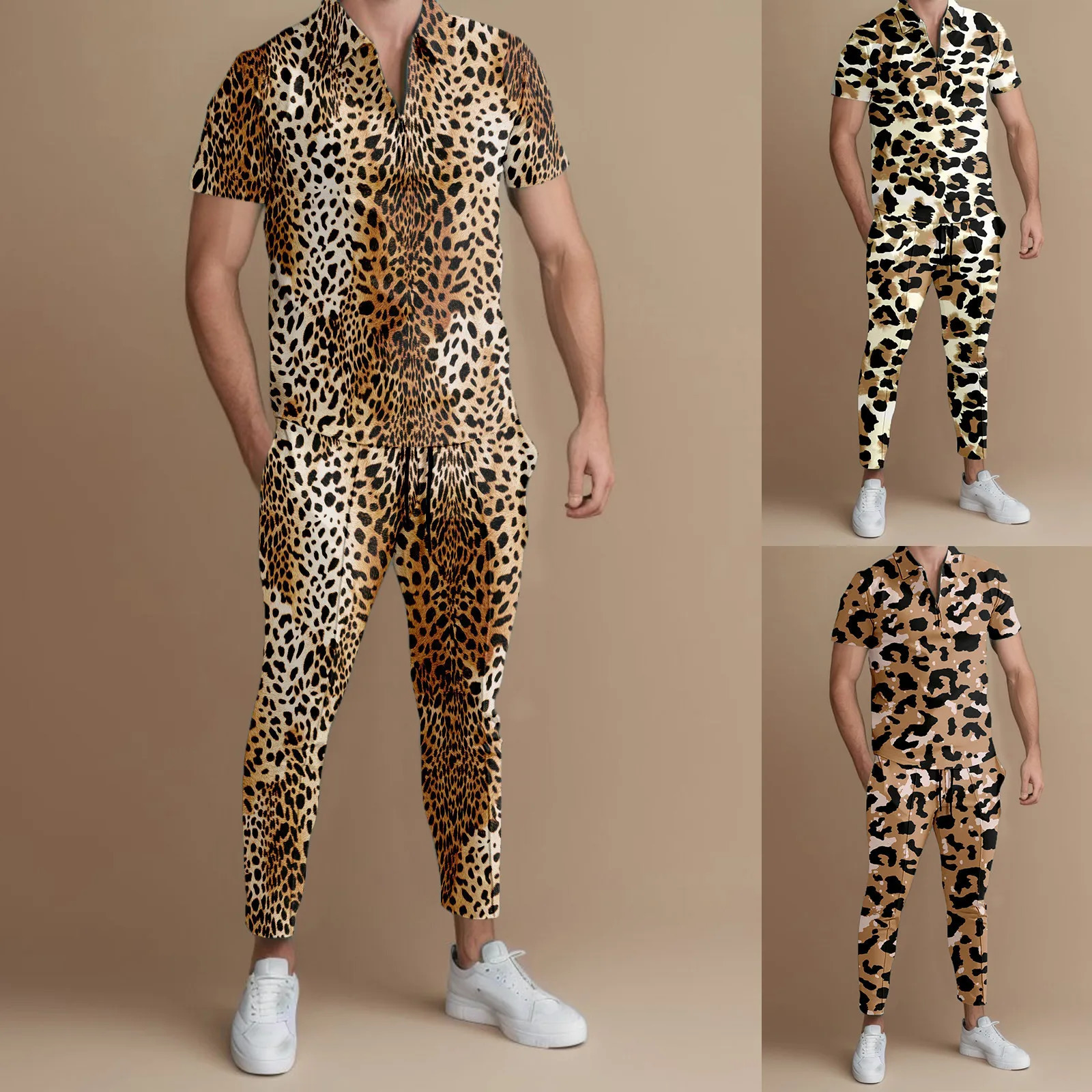 Mens T-shirt set leopard print polo shirt long sleeved two-piece lapel fashionable casual half zipper casual sportswear Chemise 240930