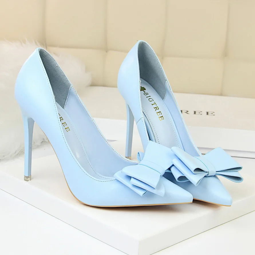 Women New Fetish 10.5cm High Blue Yellow Pumps Butterfly Knot Leather Stiletto Heels Lady Escarpins Wedding Party Event Shoes 241014