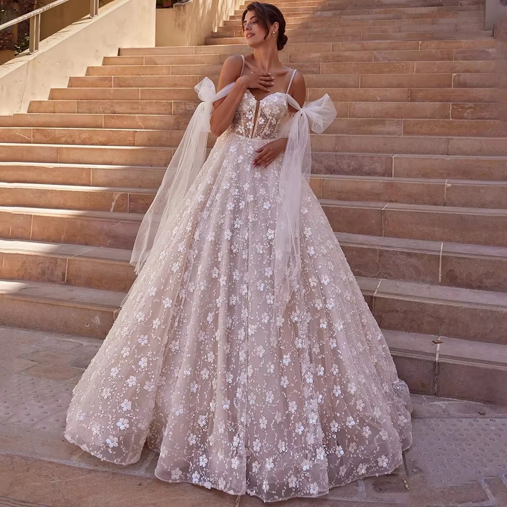 Luxury Beading Wedding Dress for Nice Bride Off The Shoulder Sweetheart See Through Sequined A Line Bridal Gown Sweep Train