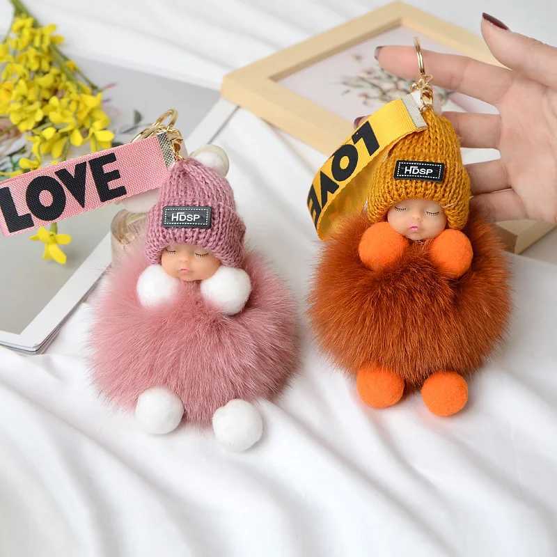 Cute sleeping baby fluffy keychain real fox fur doll keychain plush doll pendant fashionable keyholder car keyring womens bag Y241014