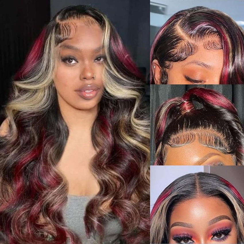 Free shipping Ready Go 13X4 Blonde Highlight Colored Body Wave Human Hair Wigs Red Pre Plucked ella Festival Brazilian Transparent Lace Frontal Wig Pr