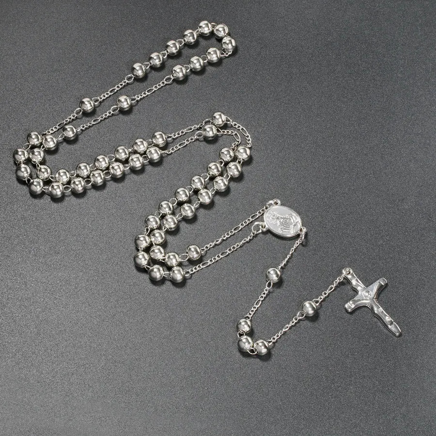 6MM Metal Beads Rosary Necklaces For Women Men Long Chain Crucifix Cross Pendant Necklace Religious Praye Jewelry 241014