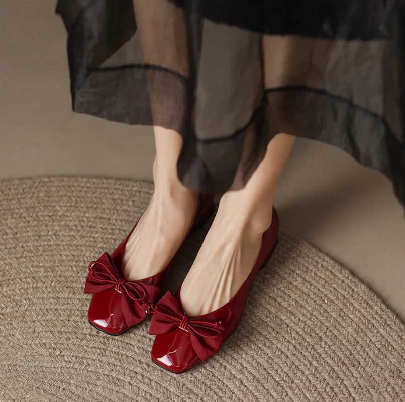 Black Kawaii Ladies Summer Footwear Square Toe Cute Low Heel Elegant with Bow Shoes for Women 2024 Red Y2k on Offer Chic PointLX241014