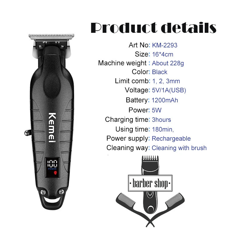 Kemei KM-2293 Hair Clipper Professional Electric Rechargeable Barber Trimmer Cordless Trimmer Type-c Zero Gapped Cutting 241014