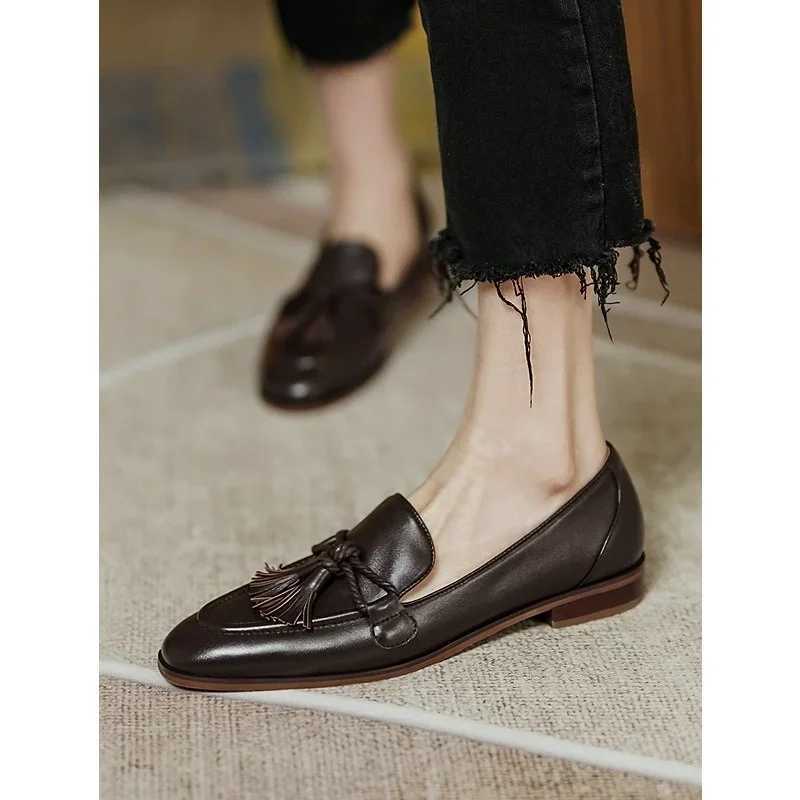 British Style Square Head Womens Loafers Shoes 2024 Summer New Style Tassel Comfortable Single Shoes Women Brown ShoesLX241014