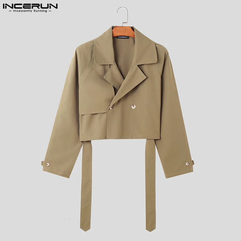 INCERUN Men Jackets Lapel Long Sleeve Solid Color Male Crop Coats Streetwear Loose Fashion Casual Jackets With Belt S-5XL 241011
