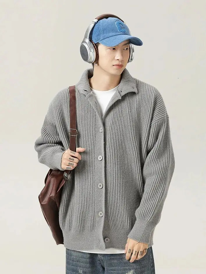 Lazy Style Japanese High Neck Cardigan Sweater Mens Autumn Winter Solid Warm Knit Sweater Loose Standing Collar Jacket Soft 241011