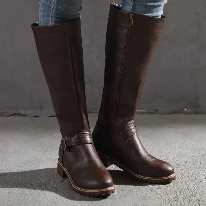 Designer Knee High Boots Fashion Low Heels Square Platform Long Booties Brown Black Leather Zip Winter Women Warm Shoes Boots