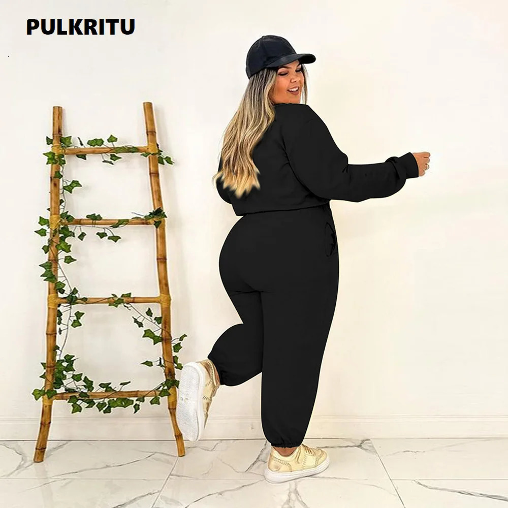 Pulkritu plus size womens jogging pants set and long sleeved sportswear fashionable two-piece set active sportswear set 240930