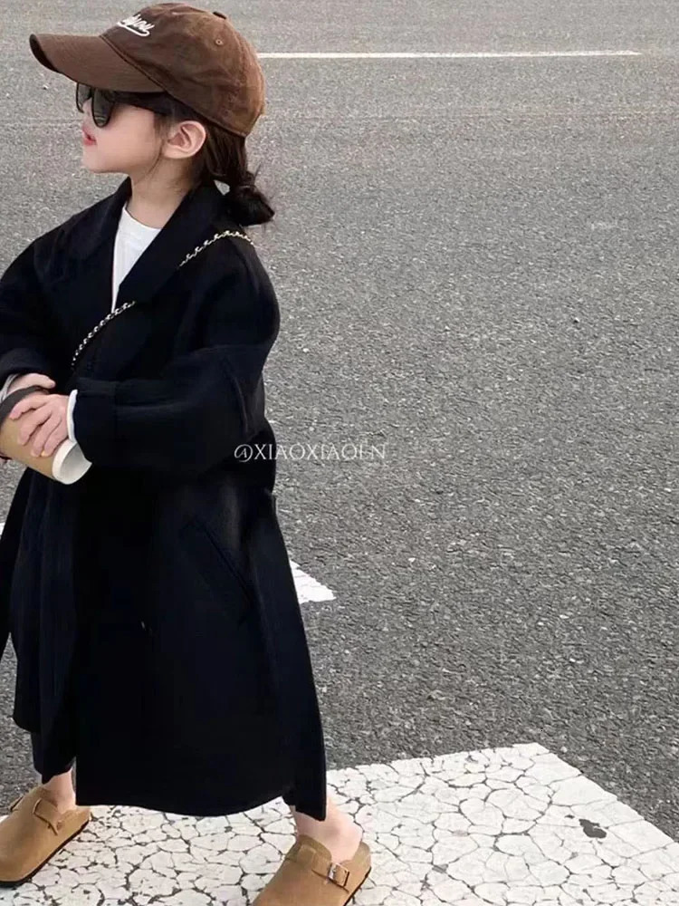 Wool Girls Korean Childrens Clothing Autumn Overcoat Versatile Spring Black Middle Length Woolen Cloth Overcoat 241014