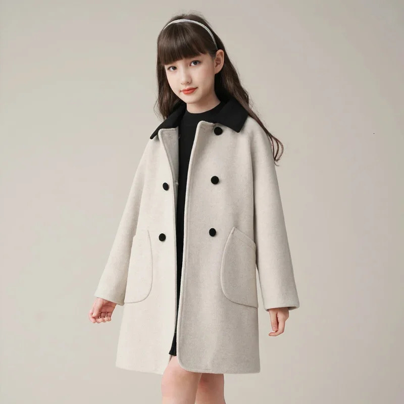 Girls Woolen Coat Overcoat Jacket Windbreak Beige Warm Plus Thicken Winter Cotton Teenagers Gift Childrens Clothing C15 241014