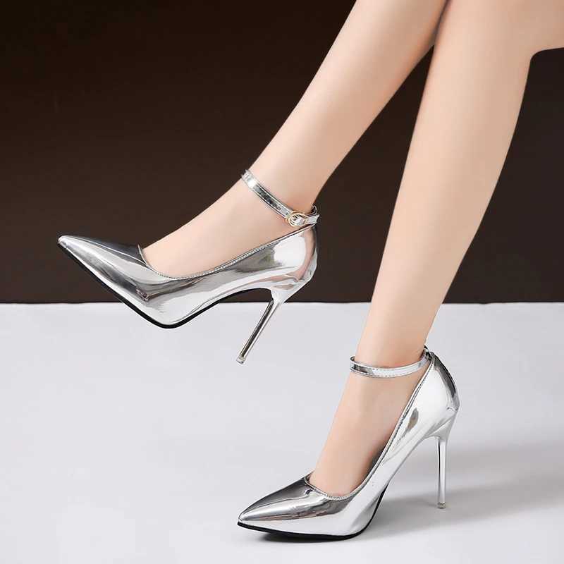 Plus Size 44 Women Thin High Heel Dress Shoes Woman Wedding Gold Silver Shoes Pointed Toe Ankle Buckle Sexy Pumps Work Shoe 11cmLX241014