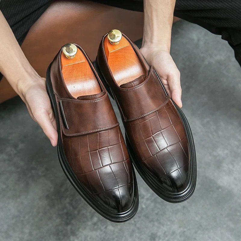 Brown Leather Loafers: Buckle Strap Round Toe Formal hot Wedding Shoes for Men