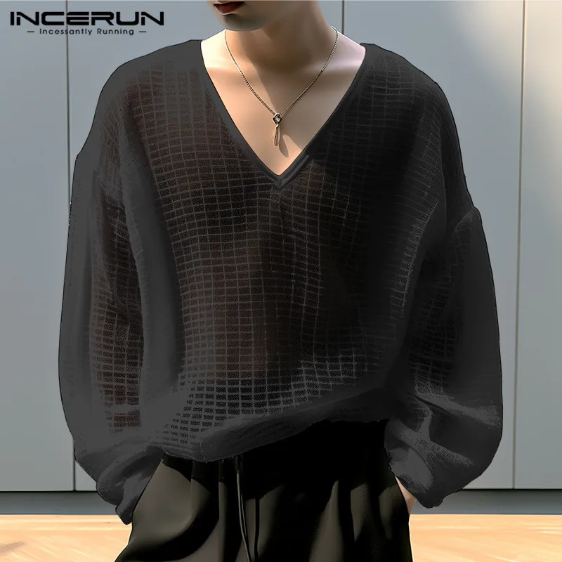 INCERUN Tops 2024 Korean Style Mens Solid Checkered Perspective T-shirts Fashionable V-neck Shoulder Long Sleeved Camiseta S-5XL 241011