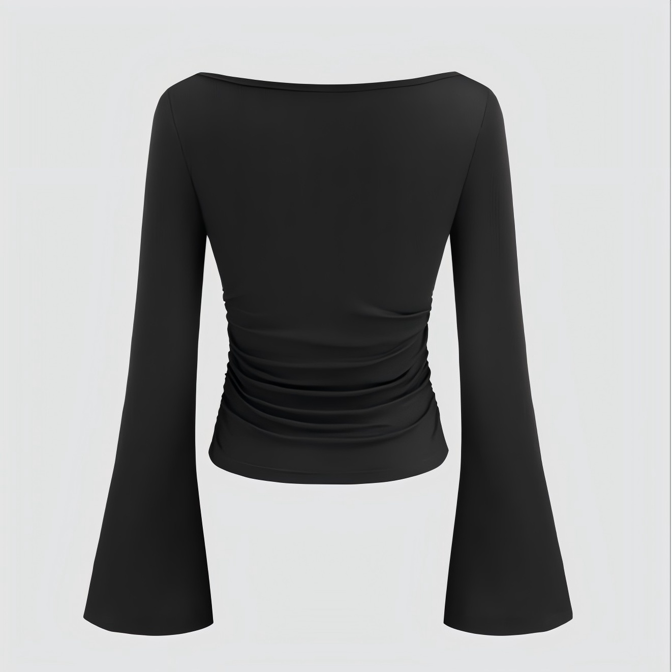 Boat Neck Solid Ruched Long Sleeve Tee