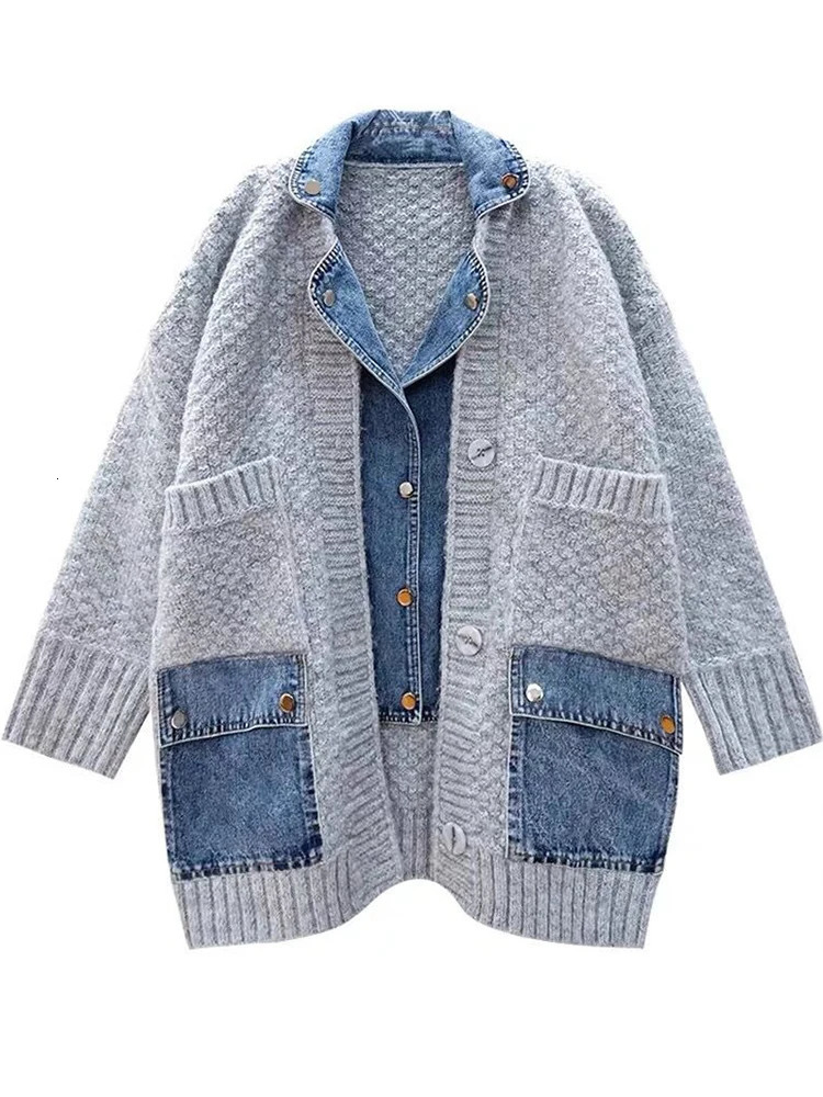 LANMREM Denim Patchwork Knitted Sweater Single Breasted Loose Irregular Cardigan Female Clothing Autumn Winter 2DA9204 241009