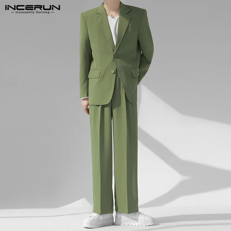 INCERUN Men Sets Solid Color Streetwear Laple Long Sleeve Button Blazer Pants 2PCS 2024 Korean Fashion Casual Suits S5XL 241008