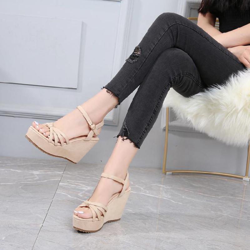 Black Wedges Heel Sandals Women Summer New 10cm High Heels Plus Size Shoes