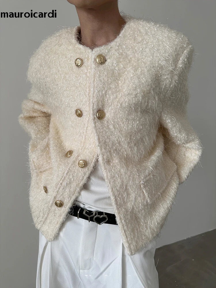 Mauroicardi Spring Autumn Elegant Chic Stylish Soft Woolen Jacket Men Shoulder Pads Double Breasted Clothes 2024 241011