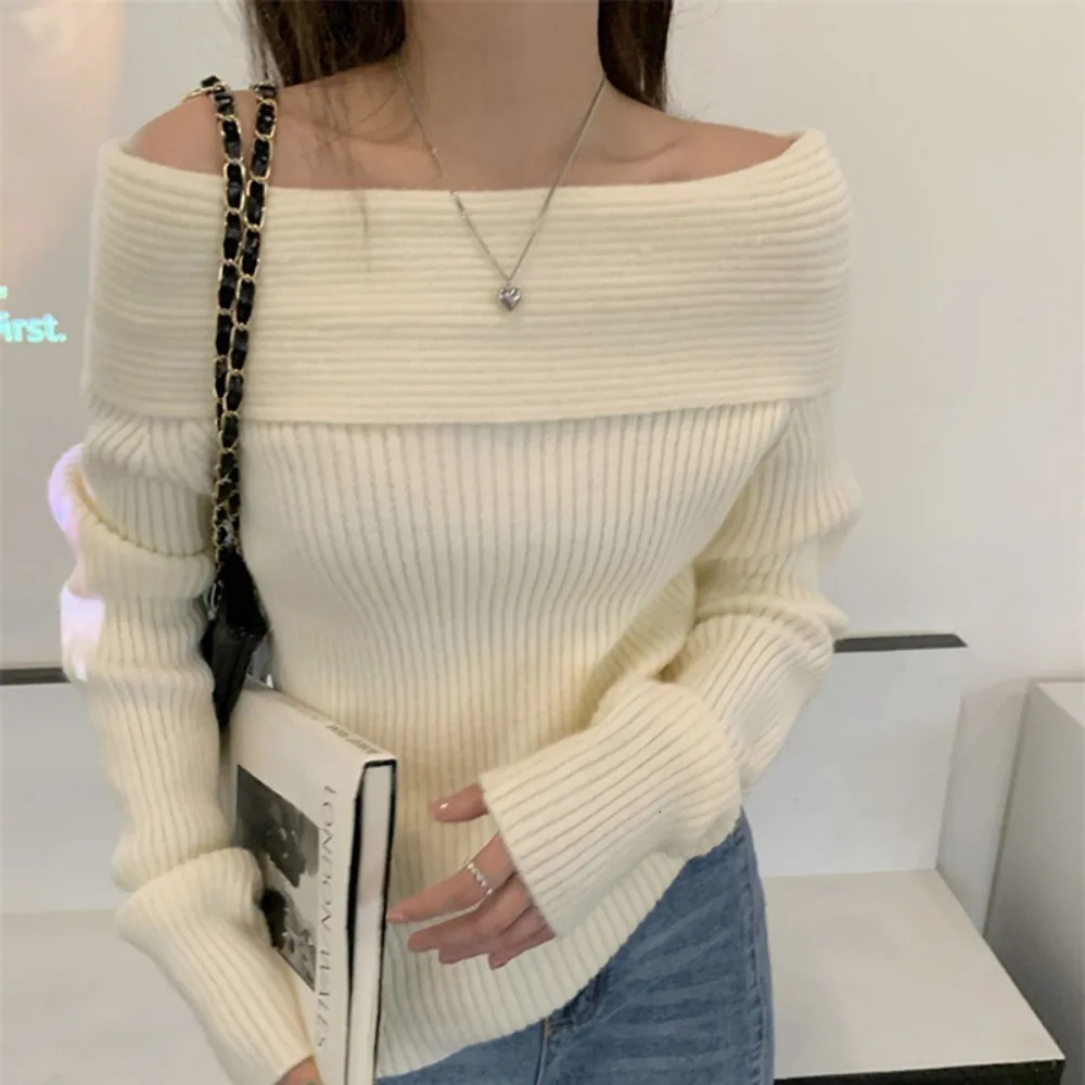sexy white flat neck sweater base with womens collar bone shoulder sweatshirt for weight loss 241007