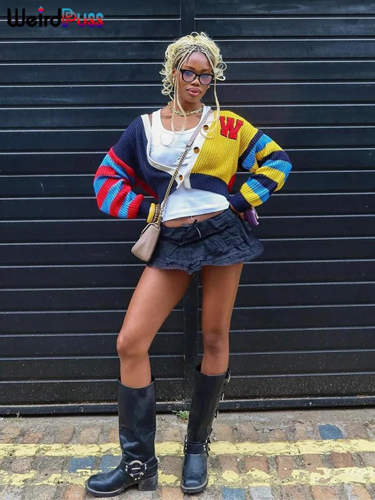 Weird Puss Y2K Cardigan Sweater Women Letter Print Casual Wild VNeck Button Colorful Patchwork Street Trend Hipster Knit Coat 241009