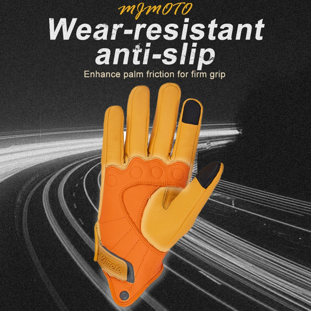 Retro yellow leather motorcycle gloves for men breathable racing touch screen offroad 241009
