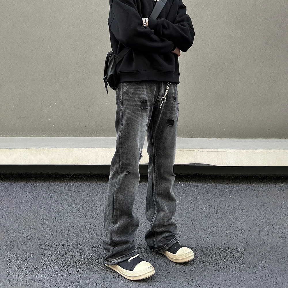 Ripped Jeans Men Black Streetwear Y2k Denim Pants Autumn Winter Casual Fashion Street Vintage Cool Stacked Straight Leg Trousers 241011